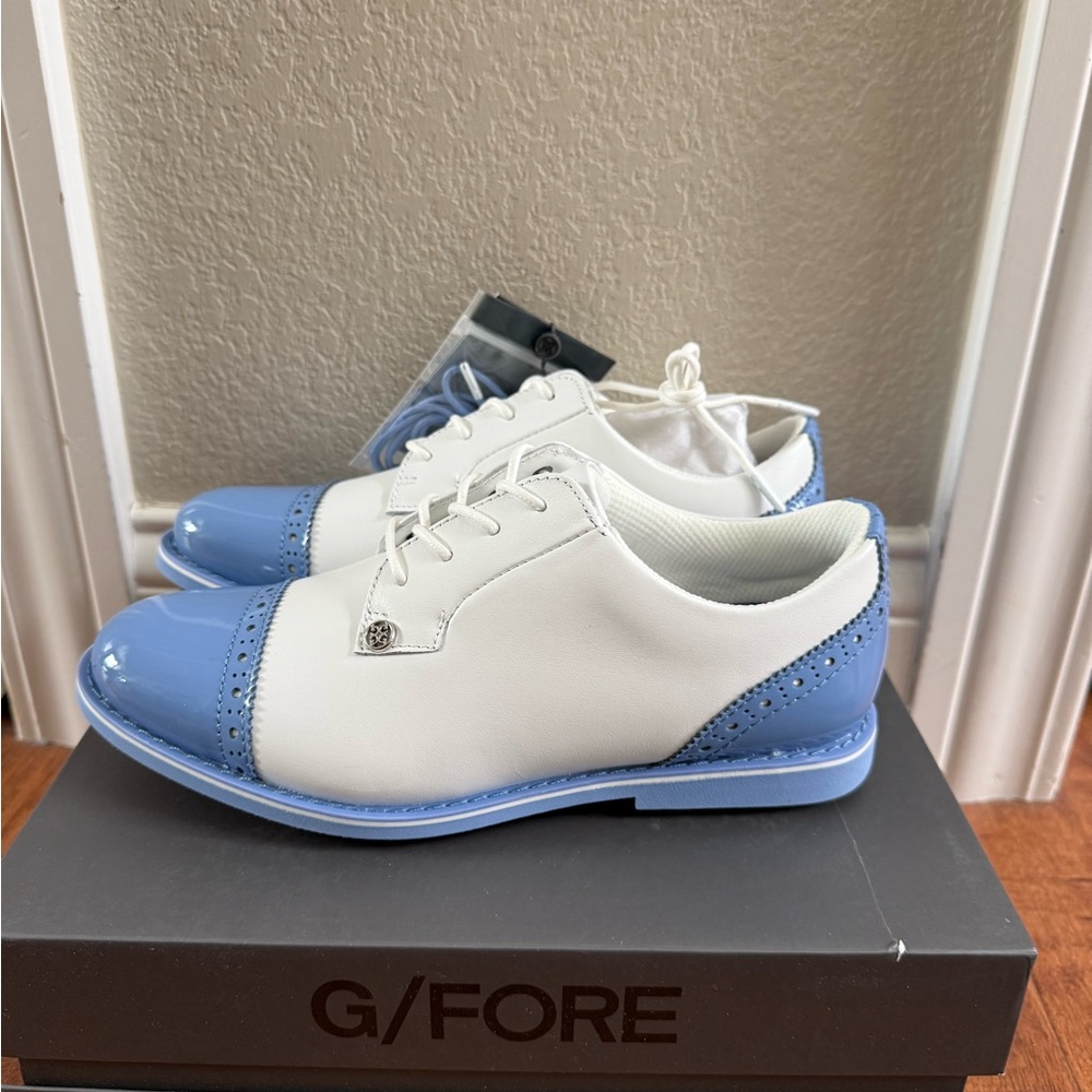 G/FORE White and Light Blue Two-Tone Cap-Toe Golf Shoes